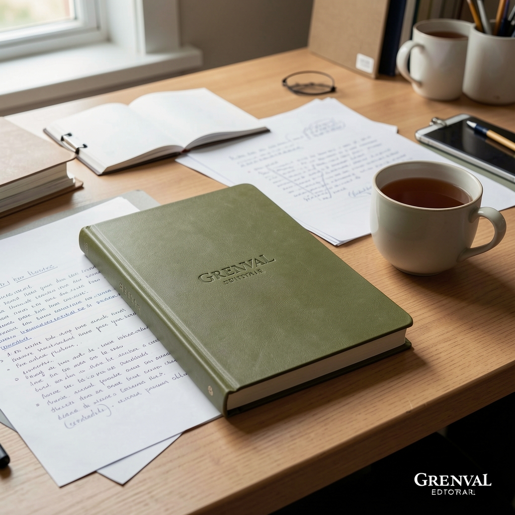 Olive notebook, marked-up papers and a cup of tea on an editorial desk — Grenval editorial
