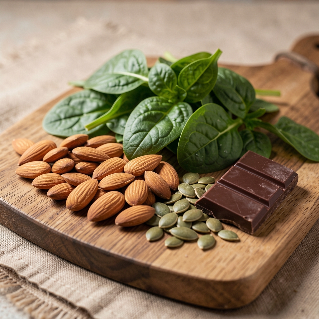 Wooden board with spinach, almonds, pumpkin seeds and dark chocolate — Grenval editorial