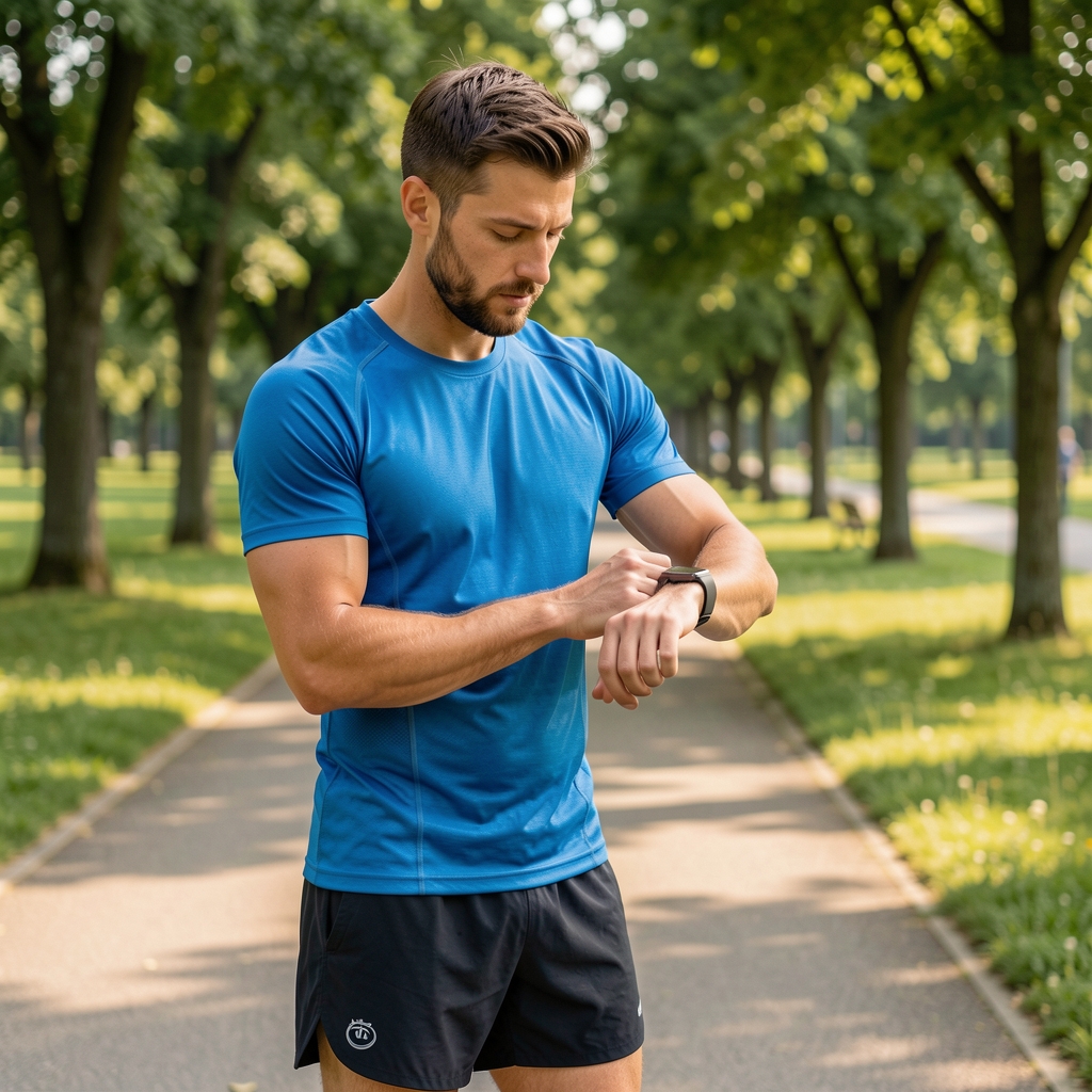 Man in running clothes checking his pulse at the wrist on a park path — Grenval editorial