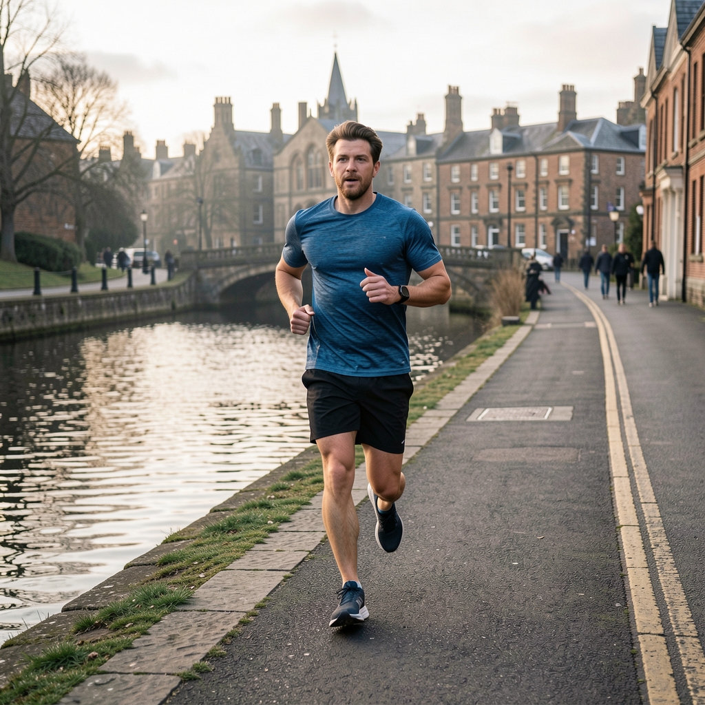 Man jogging along a canal towpath in Edinburgh at early morning — Grenval editorial