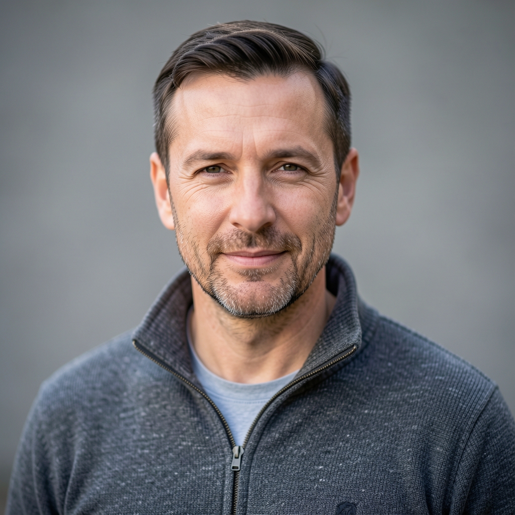 Portrait of a man in his forties in a casual jumper, editorial headshot style, soft grey background